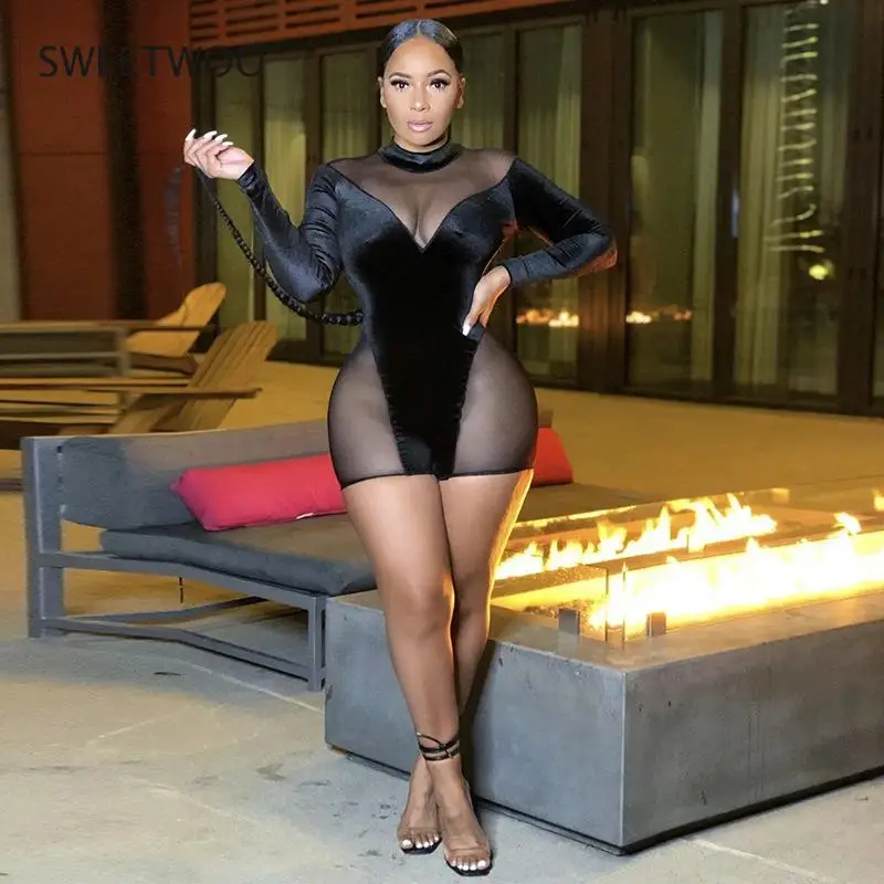 

Сетчатые велюровые сексуальные комбинезоны, прозрачные облегающие Женские комбинезоны с длинным рукавом, облегающая одежда для ночных клу...