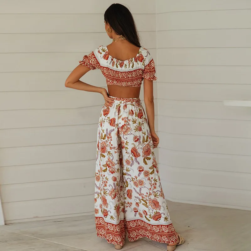 

Summer Casual Ethnic Style Women's Two Piece Set Beach Floral Print Short Sleeve Crop Tops + High Waist Wide Legs Pants Suit