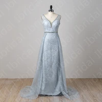latest on sale sparkling lace prom party dresses blue sleeveless v neckline beading wedding guest gowns back out sweep train