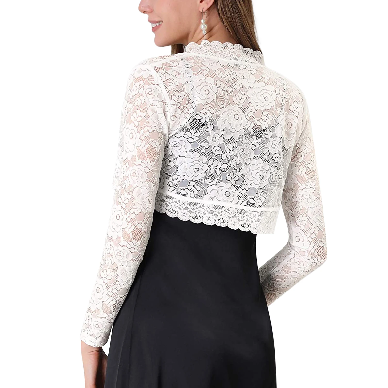 

Women Floral Lace Short Cardigan Solid Color Perspective Scalloped Long Sleeve Crop Tops Open Front Ladies Short Jacket