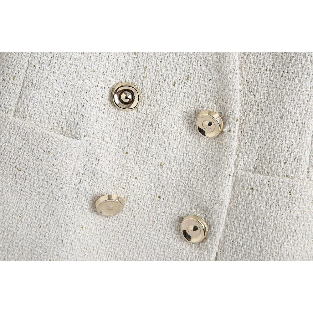 

2020 Fall Winter New Women Textured Double-breasted Frock White Blazer Long Sleeves V-neckline Women Blazer Coat