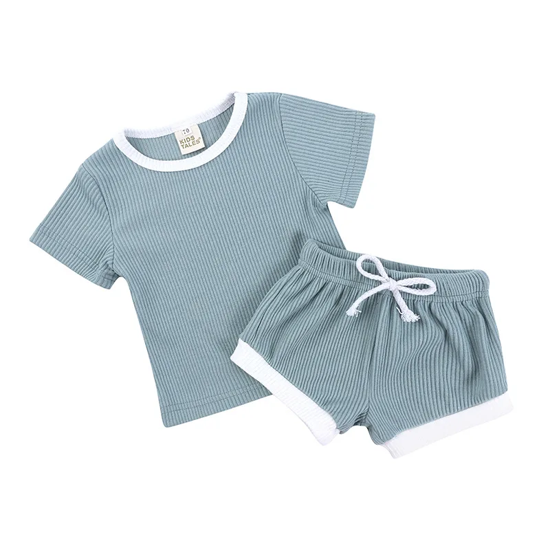 Toddler Baby Boys Girls Summer Clothing Suit Newborn Kids Ribbed Knitted Short Sleeve T-shirts+Shorts Tracksuits Sets | Мать и ребенок