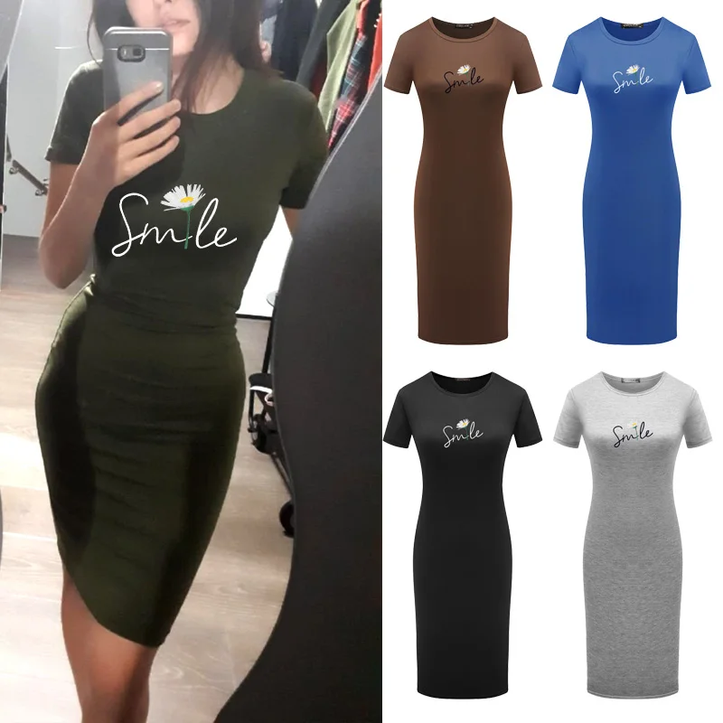 Летнее женское облегающее платье новое повседневное с принтом смайлика и цветов