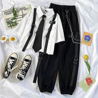 womens suits korean style loose large size tie buckle short sleeved shirtgothic punk chain overalls y2k met trousers itself