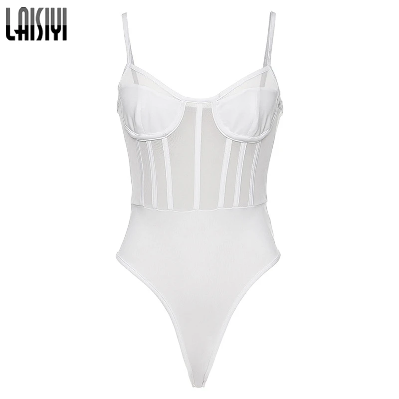

LAISIYI White Striped Sexy Backless Mesh Bodysuits Women Sleeveless See Through Fashion Party Club Body Female Tops Summer 2020