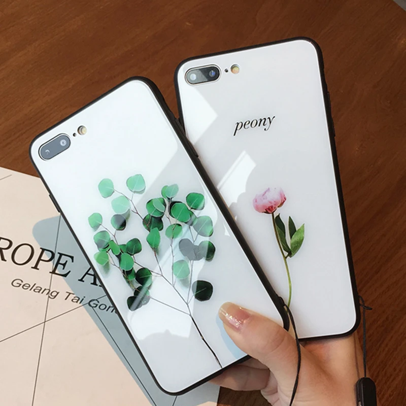 

Tempered Glass Case For Meizu 15 16 16s case Simple Glossy Green plant Peony Hard Cover For Meizu 16 16th 15th 16s Phone Casing