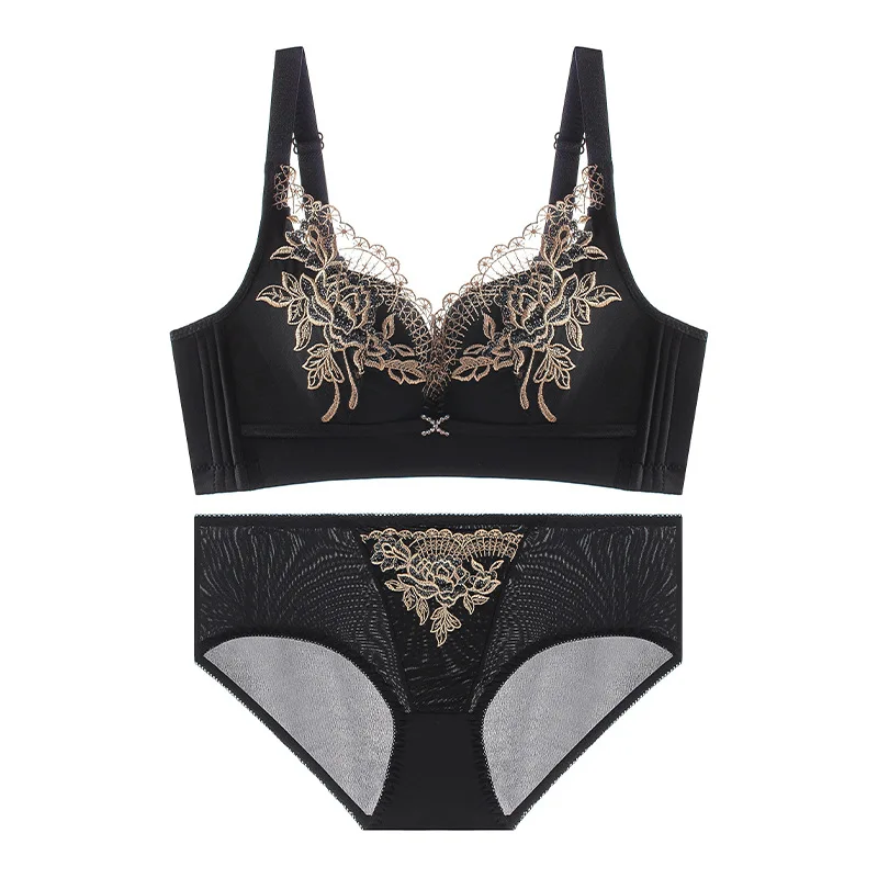 

2021 New Lace Without Steel Ring Underwear Set Gathered Seamless Adjustment Retro Embroidery Plus Size Women's Sexy Bra Set