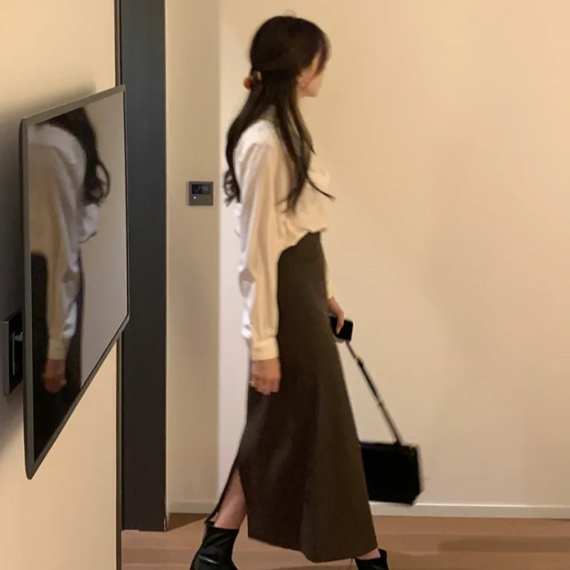 

Kimotimo 2021 Autumn Two Piece Set Korean Chic Stand Collar All-match Long Sleeve Shirt + Mid-length Split Skirts Women Sets