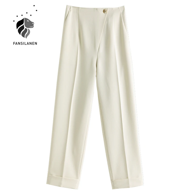 

FANSILANEN Casual streetwear suit pants capri Women black office lady high waist trousers Spring summer straight white pants