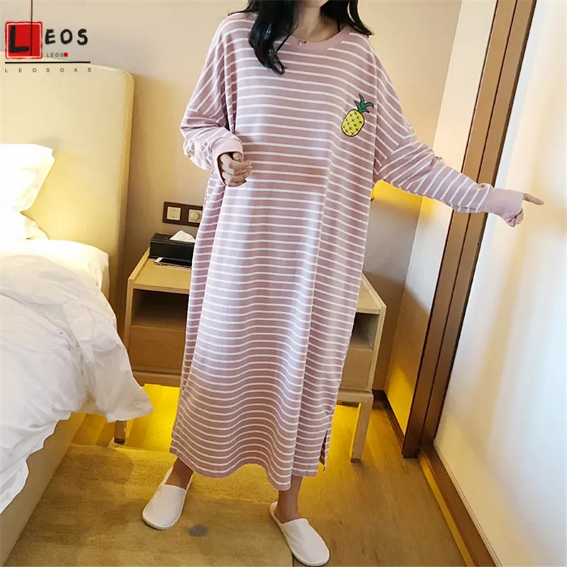 

Women Sleepwear Stripe Fruit Print Nightdress For Lady Homewear Summer Loose Plus Long Dress Long Sleeve Fashion Female Clothes