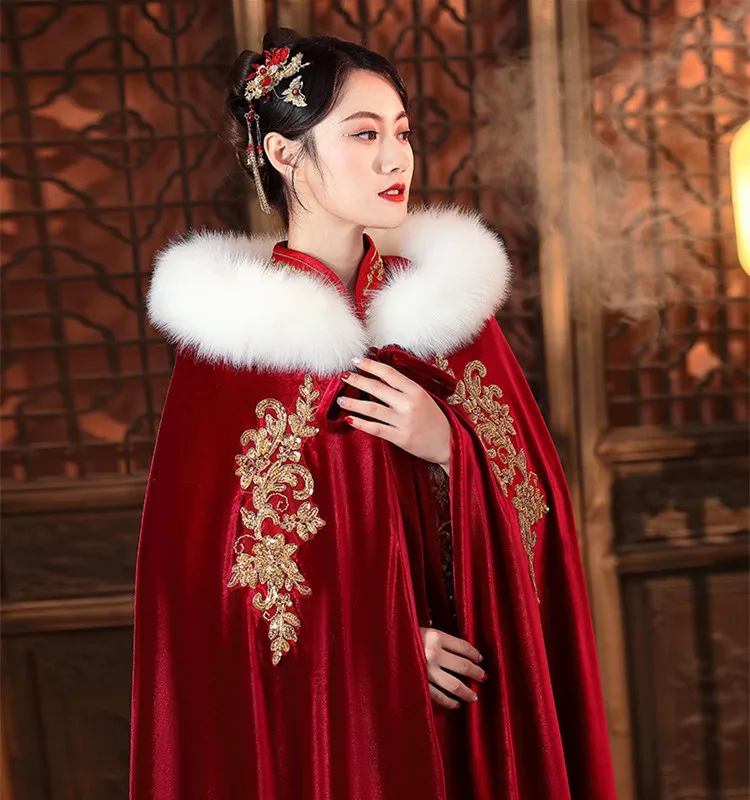 

Традиционная китайская винно-Красная шаль-плащ-теплый плотный шерстяной воротник для свадьбы-средний размер