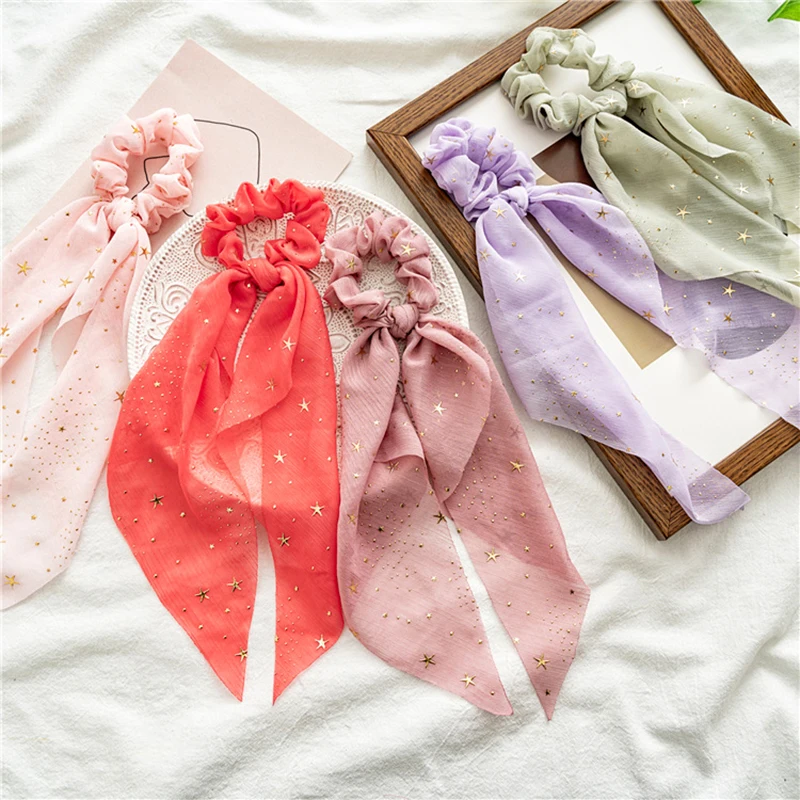 

Women Girls Sweet Knotted Bowknot Hair Rope 1PC Elastic Hair Band Chiffon Ponytail Ribbon Shiny Star Bow Hair Scrunchies