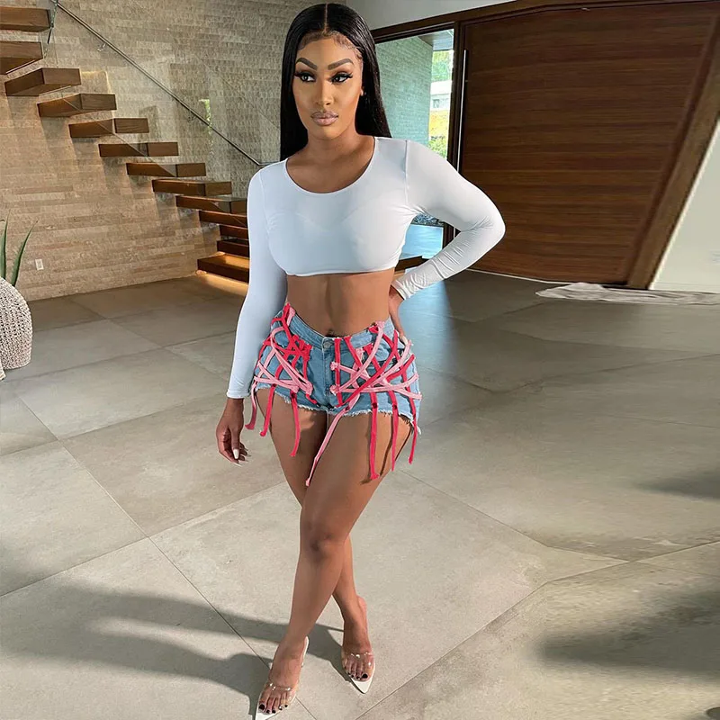 Женские рваные джинсы с завышенной талией облегающие шорты завязками винтажная