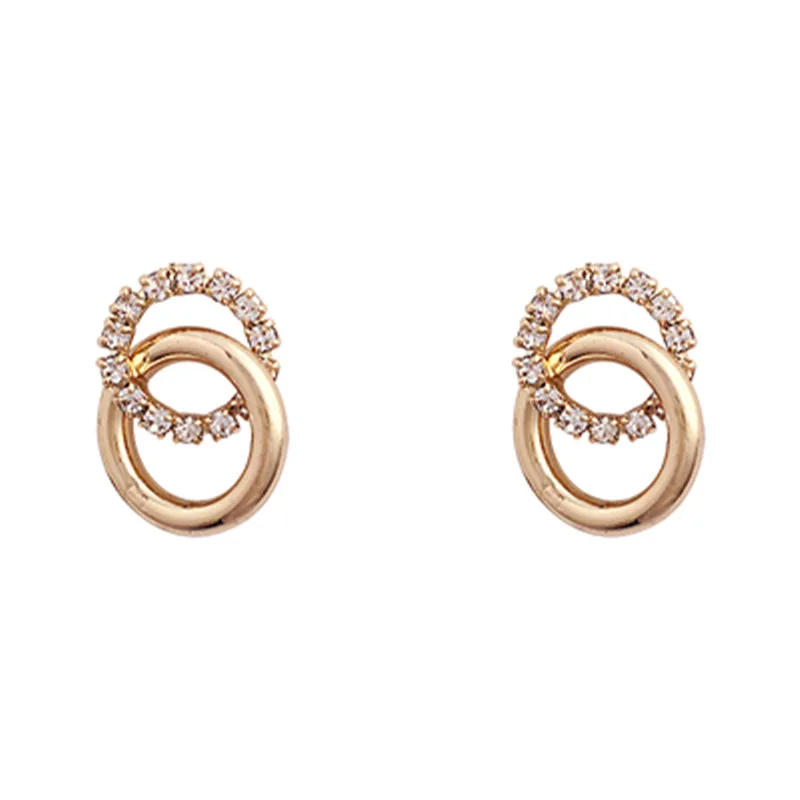 

2021 Korean Simple Double Circle Gold Color Metal Rhinestone Drop Earrings For Women Fashion Small Pendientes Jewelry Gifts