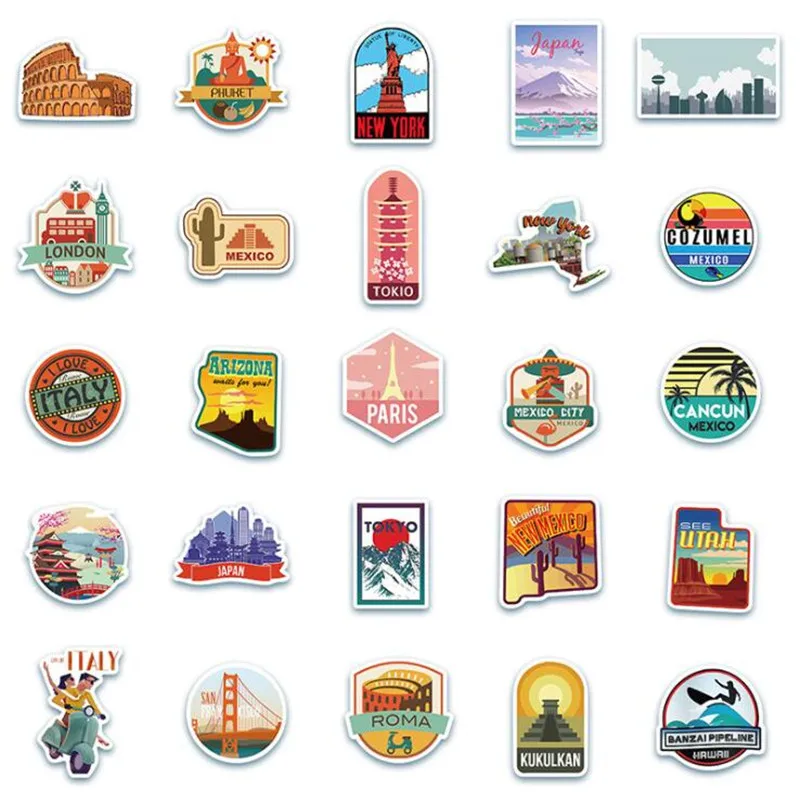 10/30/50PCS City Tourism Landscape Cartoon Graffiti Skateboard Suitcase Laptop Phone Case Body Sticker Waterproof Wholesale - купить по