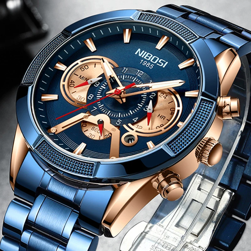 

Часы наручные NIBOSI Мужские кварцевые, роскошные Брендовые спортивные с хронографом, с датой, 2021