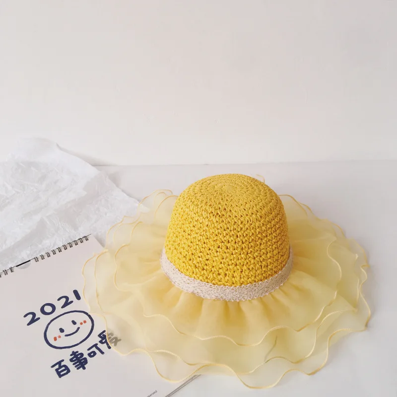 

Korean style fairy lace chiffon yarn children's straw hat summer girl baby big edge outing sunshade straw beach hat