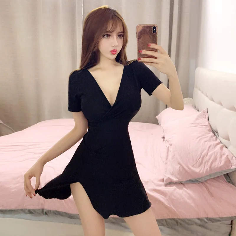 Женское облегающее мини-платье с высокой талией черное платье V-образным вырезом