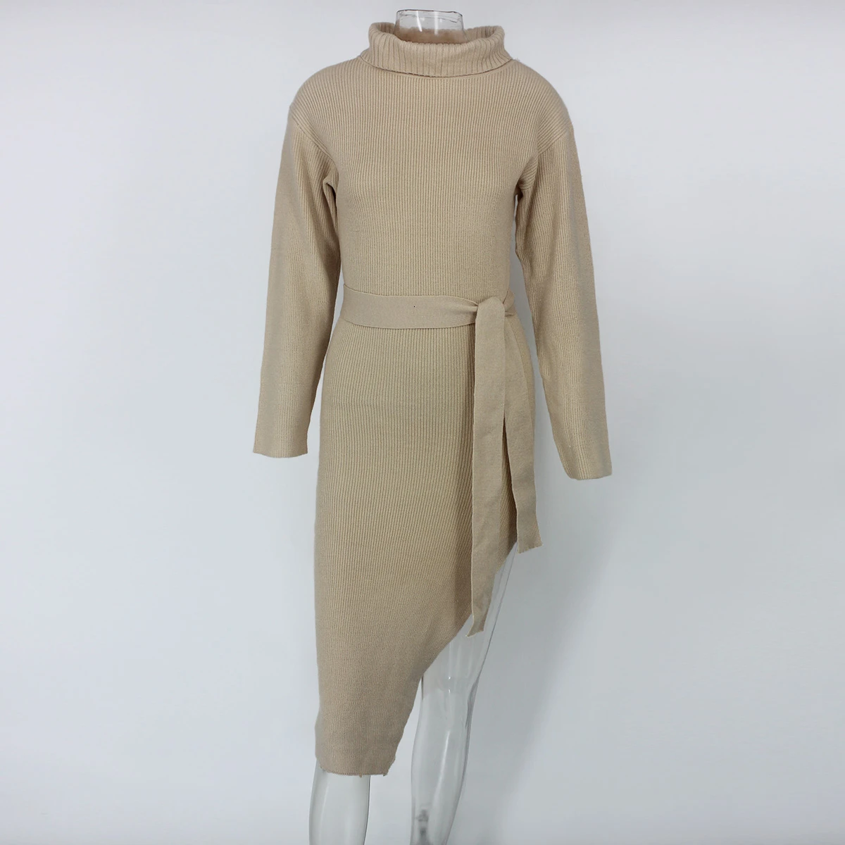 Женское вязаное платье Fuedage осенне зимнее облегающее с высоким разрезом и поясом