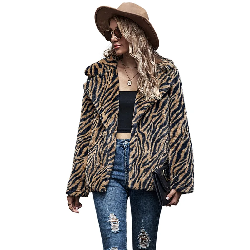 

Winter Coat Women Casual Turn-down Collar Long Sleeve Jackets Woman Fashion Tiger Pattern Open Stitch Jacket Chaquetas Mujer