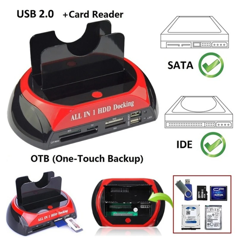 

USB 2.0 to IDE SATA Hard Disk OTB Cloning Dock All in One HDD Docking Station Dual Bay 2.5 Inch 3.5 Inch eSATA With Card Reader