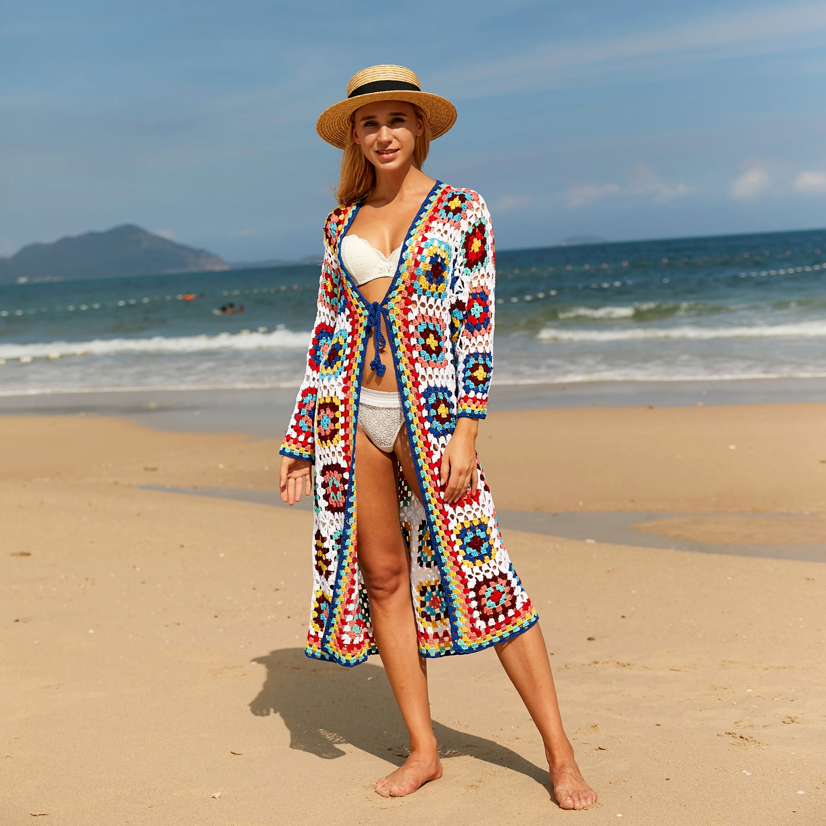 H80&S90 New Women Crochet Colorful Hollow Out Long Cardigan Female Handmade Knit Cover Up Kimono Sweater Coat Beachwear Swimsuit