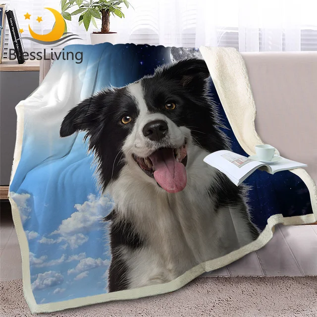 BlessLiving Pet Dog Sherpa Blanket on Bed 3D Border Collie Throw Blanket Animal Bedspread Day and Night Sky Scenery Sofa Cover 1