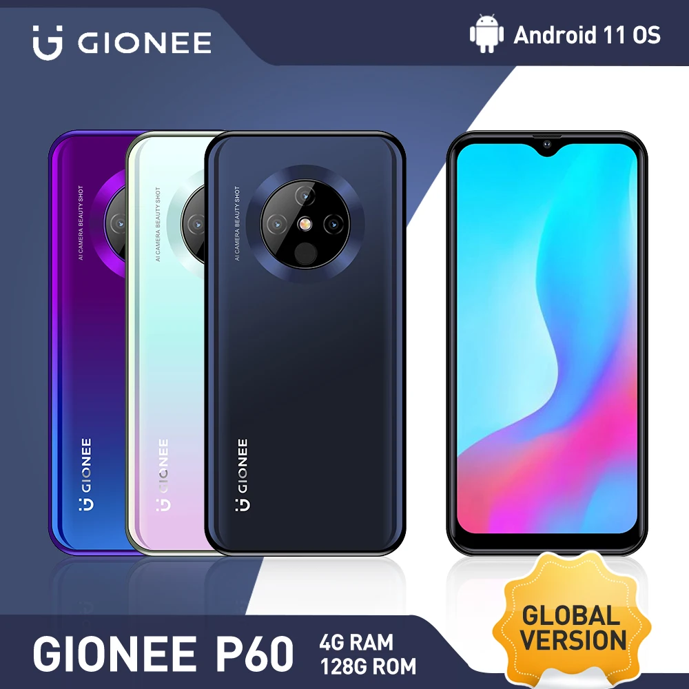 

GIONEE P60 Смартфон Android 11 4GB128GB 6,53 дюймов HD + экран 4000 мАч Восьмиядерный 13 МП мобильный телефон Глобальная версия