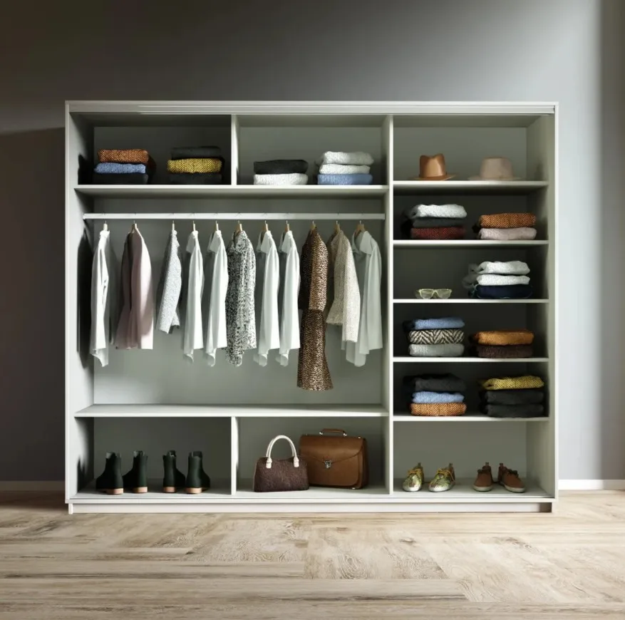 Раздвижной шкаф с широким шкафом и зеркалом 10 полок отсек для вешалки органайзер