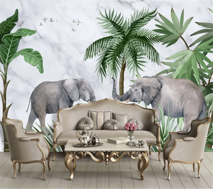 wellyu Customized wallpaper 3d fresh elephant marble pattern plant forest background living room bedroom wall | Обустройство дома