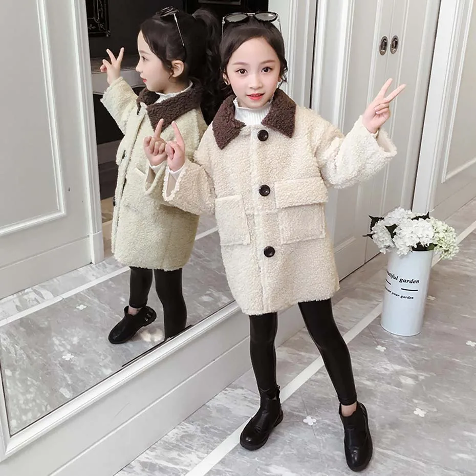 Пальто для девочек толстые теплые шерстяные пальто детская верхняя одежда с