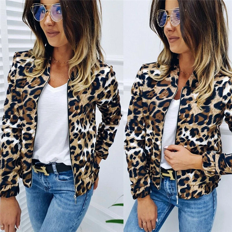 

Fashion Retro Leopard Print Women Coat Casual Zipper Up Bomber Jacket Ladies Casual Autumn Outwear Coats Women Clothing