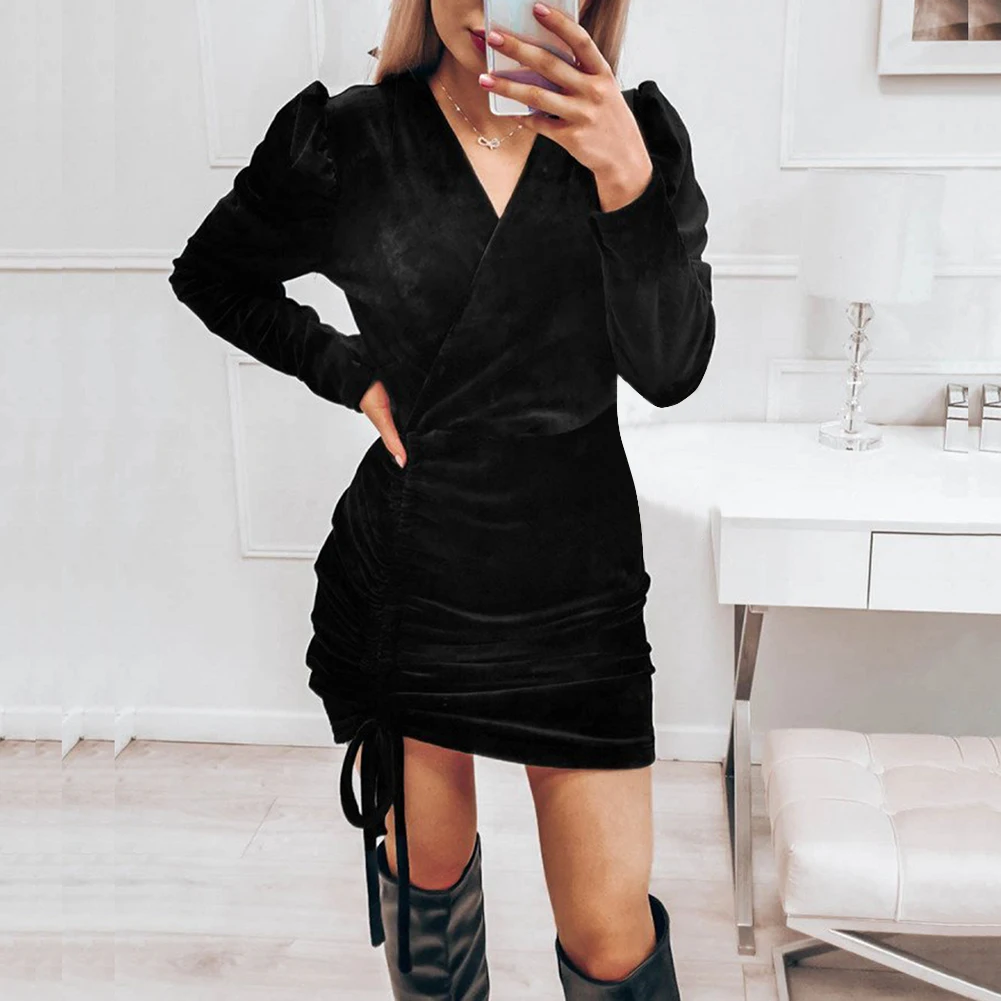 

Женское элегантное бархатное однотонное платье с пышными рукавами, V-образным вырезом, плиссированным поясом, длинными рукавами и высокой т...