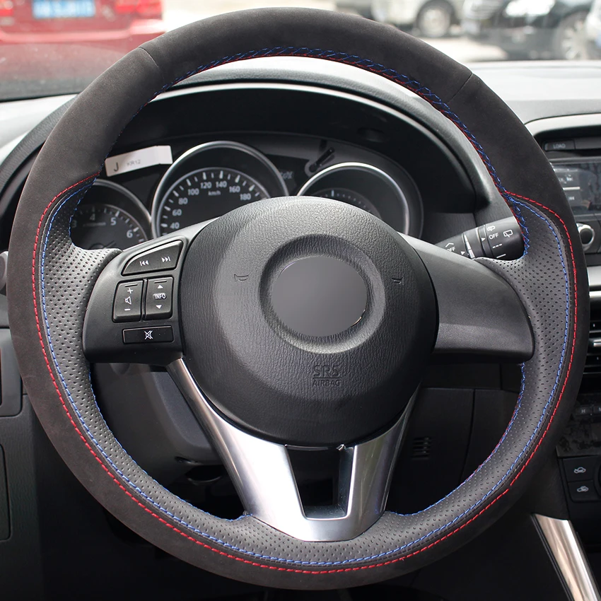 Чёрные накладки на руль из натуральной кожи и замши для Mazda 3 Axela 6 Atenza 2 CX-3 CX3 CX-5 CX5 Scion iA.