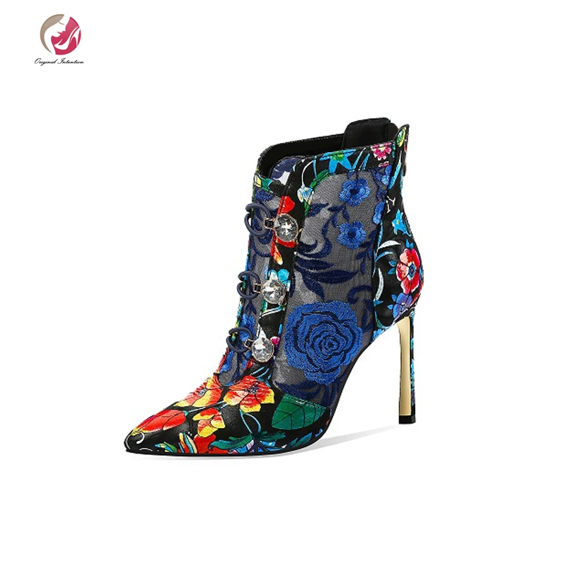 

Original Intention Blue Red Ankle Boots Fashion Pointed Toe Flowers Metal Stiletto High Heels Elegant Spring Shoes Female Charm