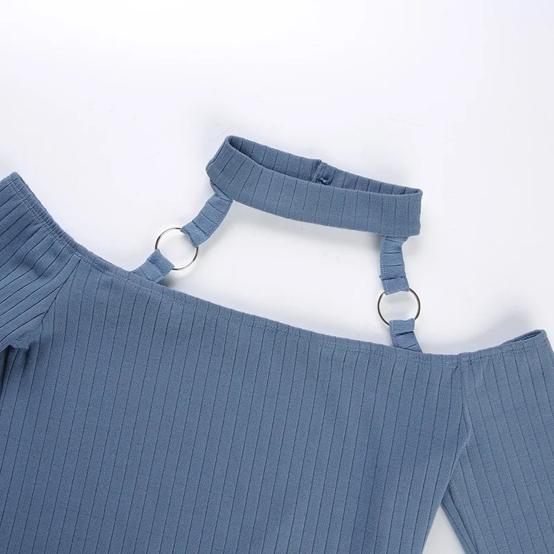 

Europe Women Choker Hoop Off the Shoulder T-shirts Solid Blue Crop Tops Long Sleeve Short Tees Fashion Streetwear Clothes 2019