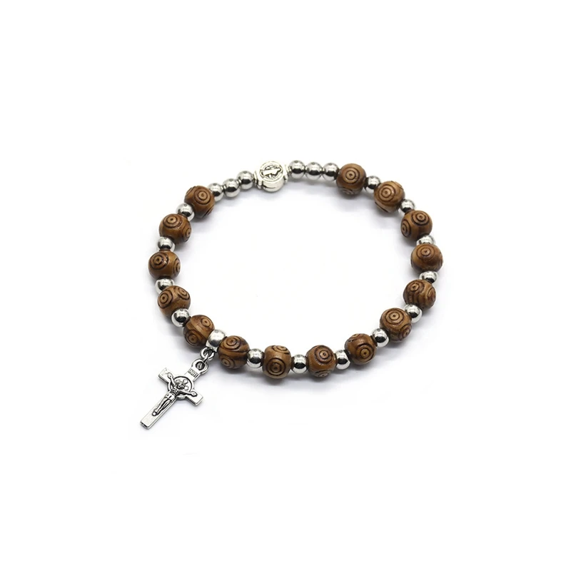 

QIGO Cross Wood Bracelets Beads Strand Elestic Bracelet For Men Women Religious Jewelry