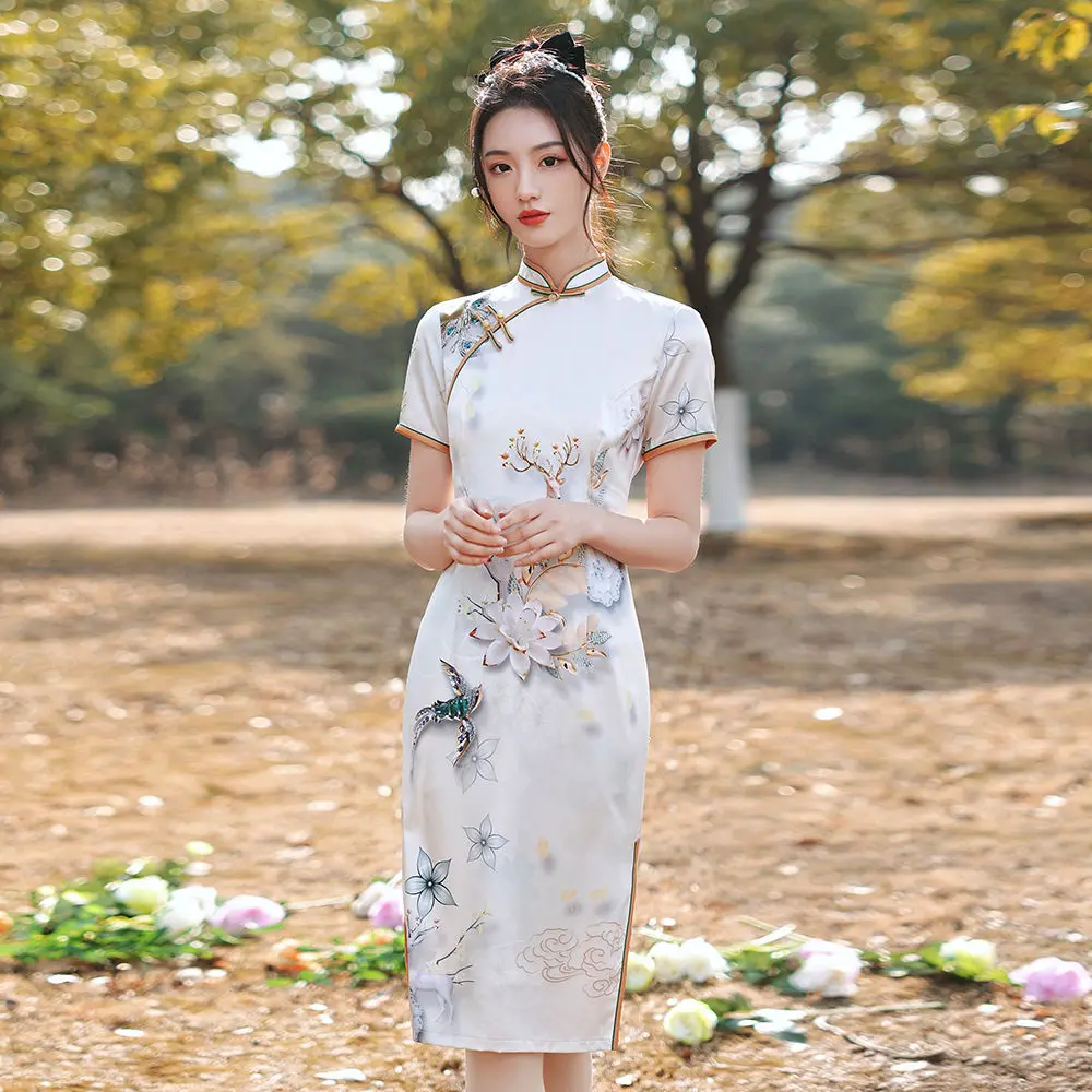 Женское винтажное вечернее платье Ципао с коротким рукавом и цветочным