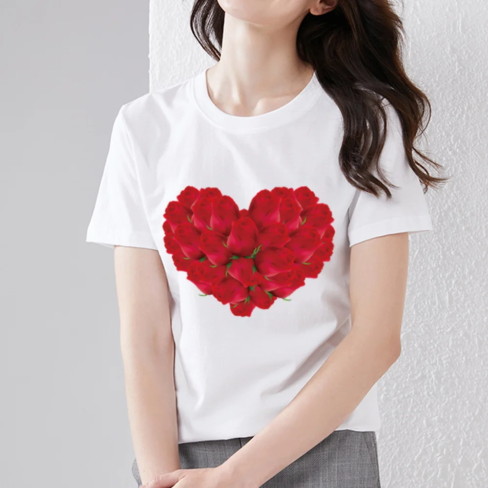

T-shirt Female White Sweet Fashion Red Rose Love Pattern Printed Polyester All-match Commuter Ladies Youth Soft Breathable Top