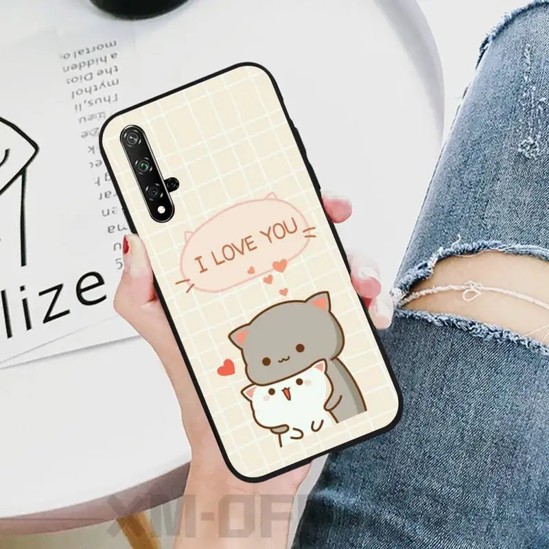 Персиковый Кот мультфильм черный мягкий чехол для телефона Honor 20 lite view20 7C 5 7