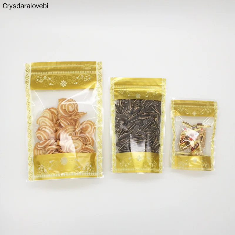 

100Pcs Golden Clear Stand-up Plastic Food Bag, Snack Nuts Beans Packaging Pouch with Zip Lock