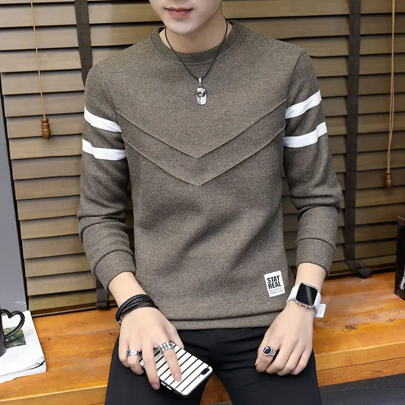 

Plush / thin] autumn and winter new men's long sleeve bottomed sweater men's slim round neck sweater men's