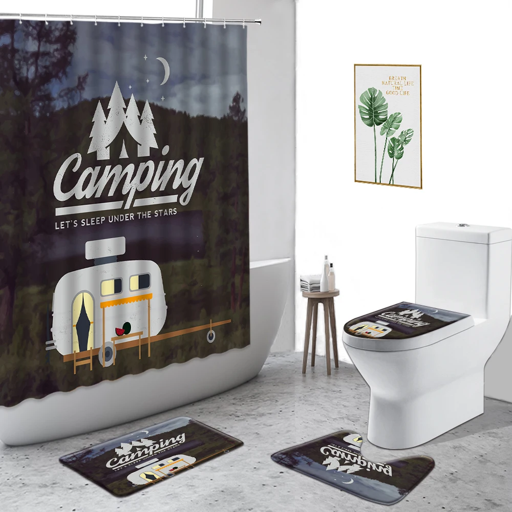 

Camping Car Shower Curtain Summer Forest Outdoor Activities Camping Landscape Bathroom Decoration Set Non-Slip Mat Velvet Carpet