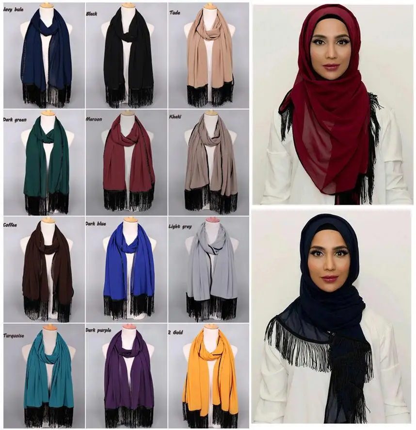 Арабский женский простой шифоновый платок с кисточками хиджаб мусульманский