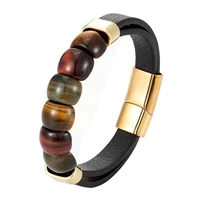 natural tigers eye ring face type male stainless steel leather cord mens bracelet gift