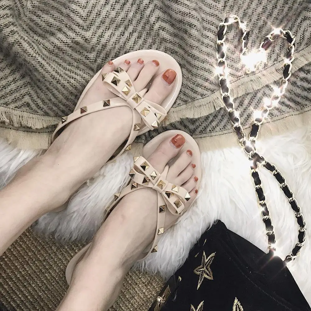 Женские пляжные шлепанцы с большим бантом сандалии желе на плоской подошве