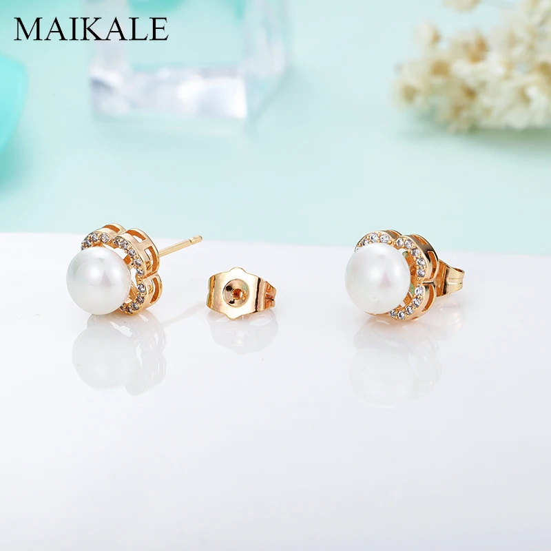 Женские серьги классического дизайна MAIKALE, романтические серьги-гвоздики золотистого цвета с цветком и жемчужиной из фианита, ювелирные изделия для подарка