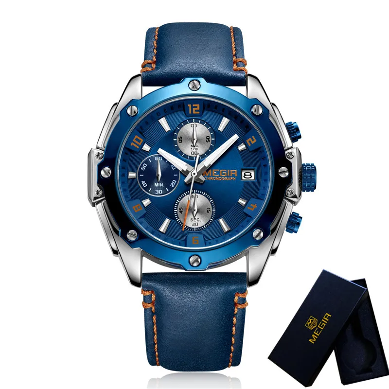 Часы наручные MEGIR мужские с хронографом брендовые Роскошные синие спортивные в