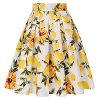 yellow white lemon printed pleated skirt short woman high waist mini skater summer retro vintage school casual skirt new preppy
