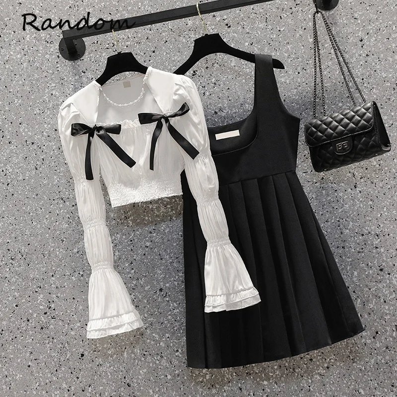 

Женский новый осенний костюм в стиле каваи Лолиты 2021, белая рубашка, укороченный топ и плиссированное платье на бретелях, комплект из двух п...